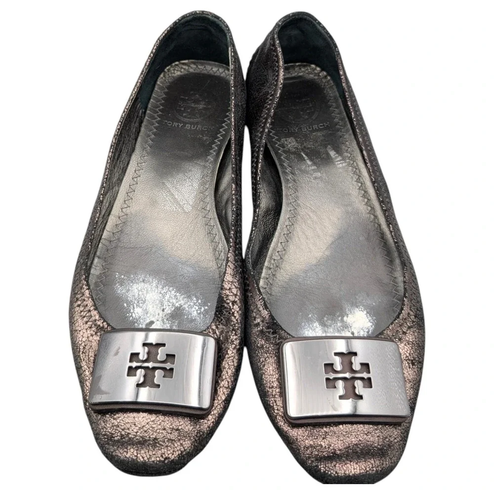 Tory Burch Ballet Flats Womens‎ 8.5M Anthracite Metallic Leather Round Toe